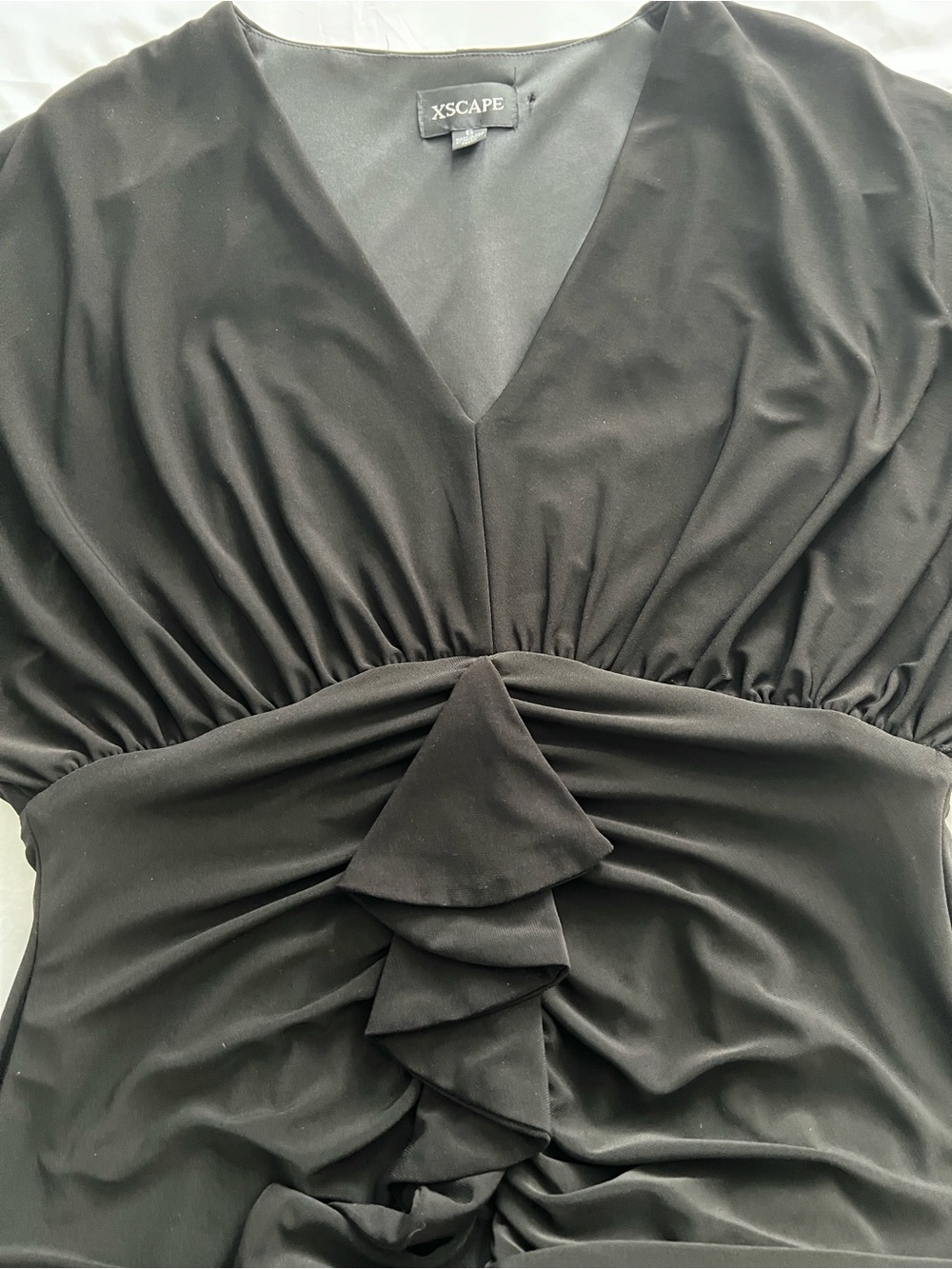 Xscape Black Ruched Ruffle Long Sleeve Evening Gown Size 6 - Picture 6 of 14